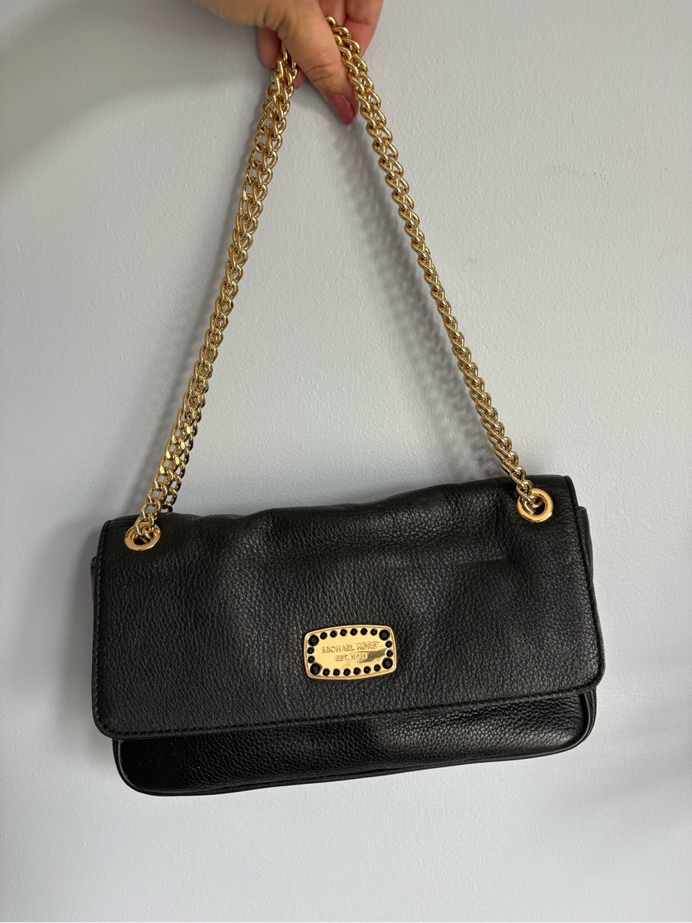 Michael Kors Black Leather Shoulder Bag with Gold Chain